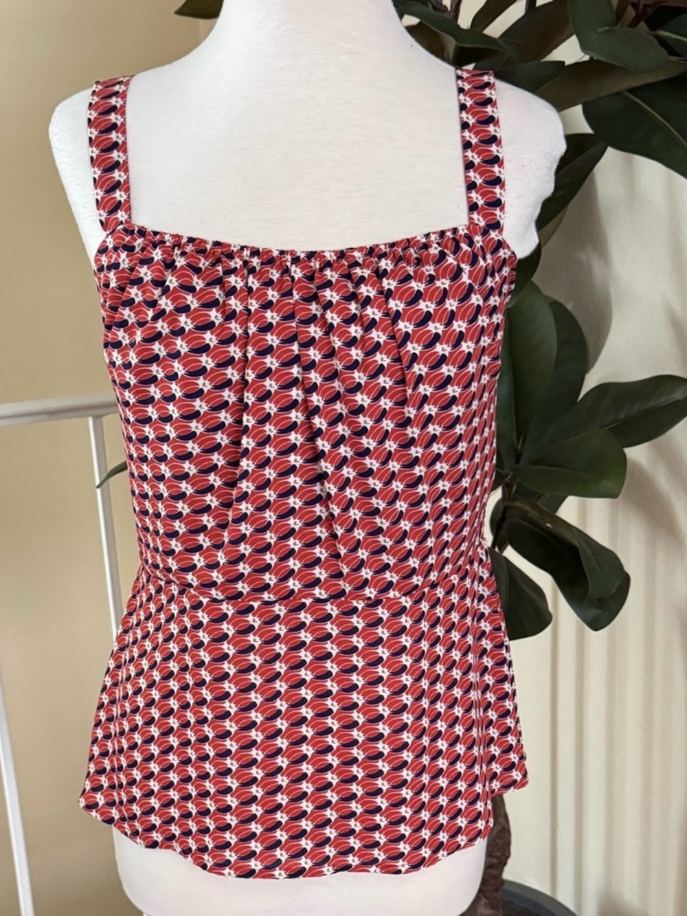 CAbi Dream Day Burnt Orange Navy Geometric Peplum Smocked Sleeveless Top Size 8